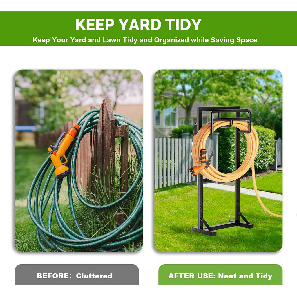 Garden Hose Holder With Stable Base And Tool Hooks, Gaviscity Heavy-Duty Metal Hose Hanger Garden Hose Storage Holds 151Ft Hose, Rustproof Freestanding Water Hose Holder For Outside, Yard, Lawn, Black