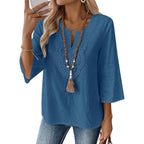 Womens 3/4 Sleeve Tops Cotton Linen Shirts V Neck Lace Casual Loose Fit Blouses Boho Fashion