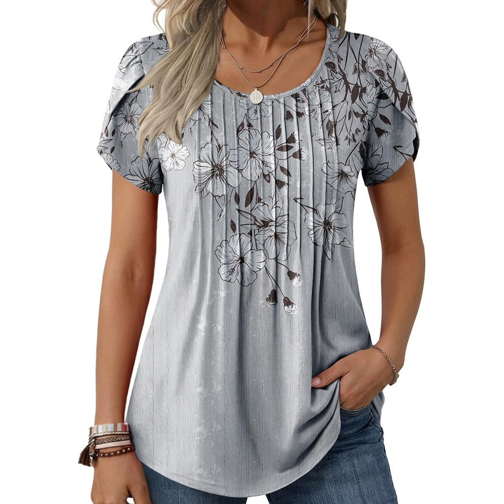 Zeagoo Womens Tops Petal Short Sleeve Summer Casual Crew Neck Shirts Floral Solid Blouse Pleated Tunics
