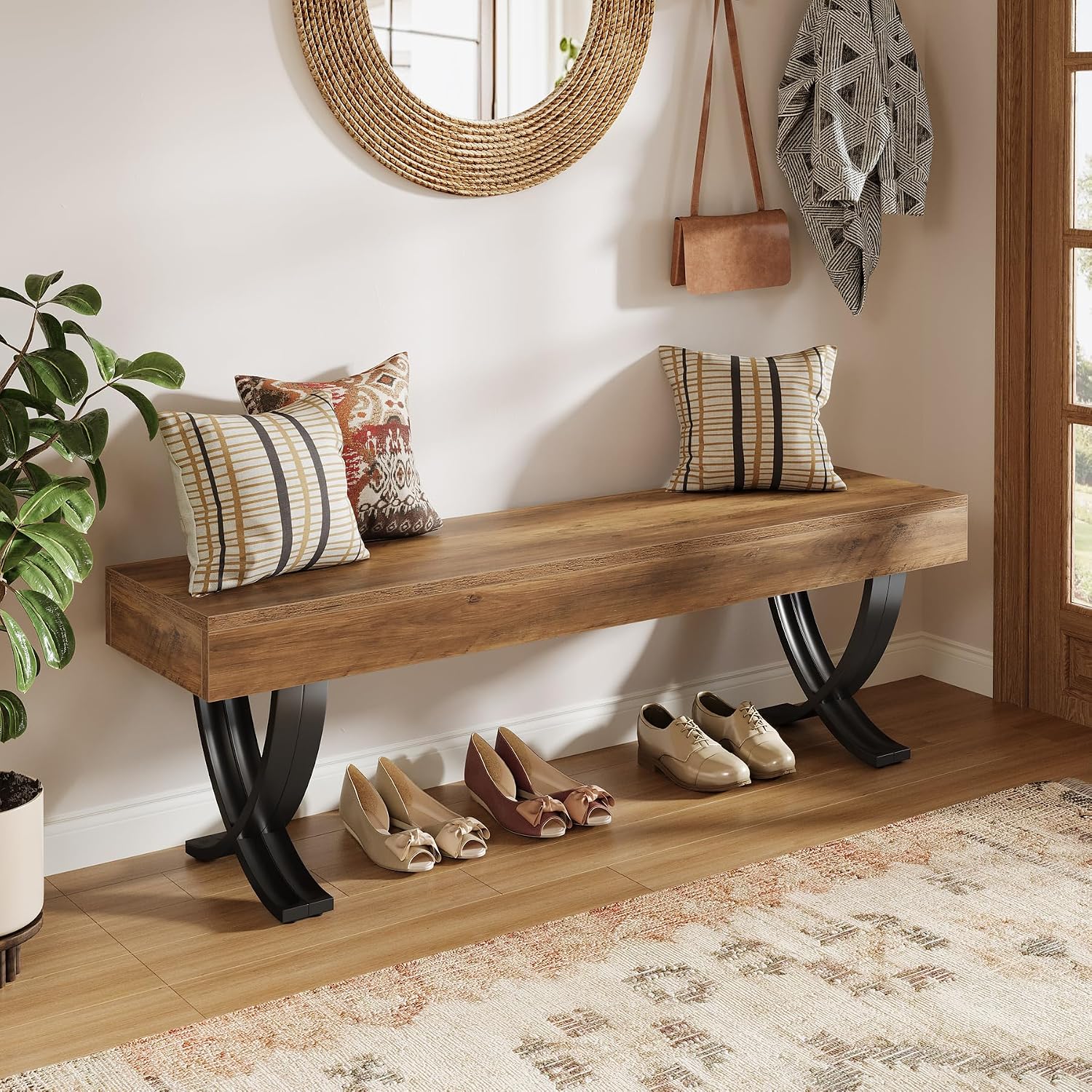 Tribesigns Entryway Shoe Bench, 55-Inch Wooden Shoe Bench With Metal X-Shaped Legs, Industrial Long End Of Bed Stool With Seating For Bedroom, Living Room, Hallway, Porch