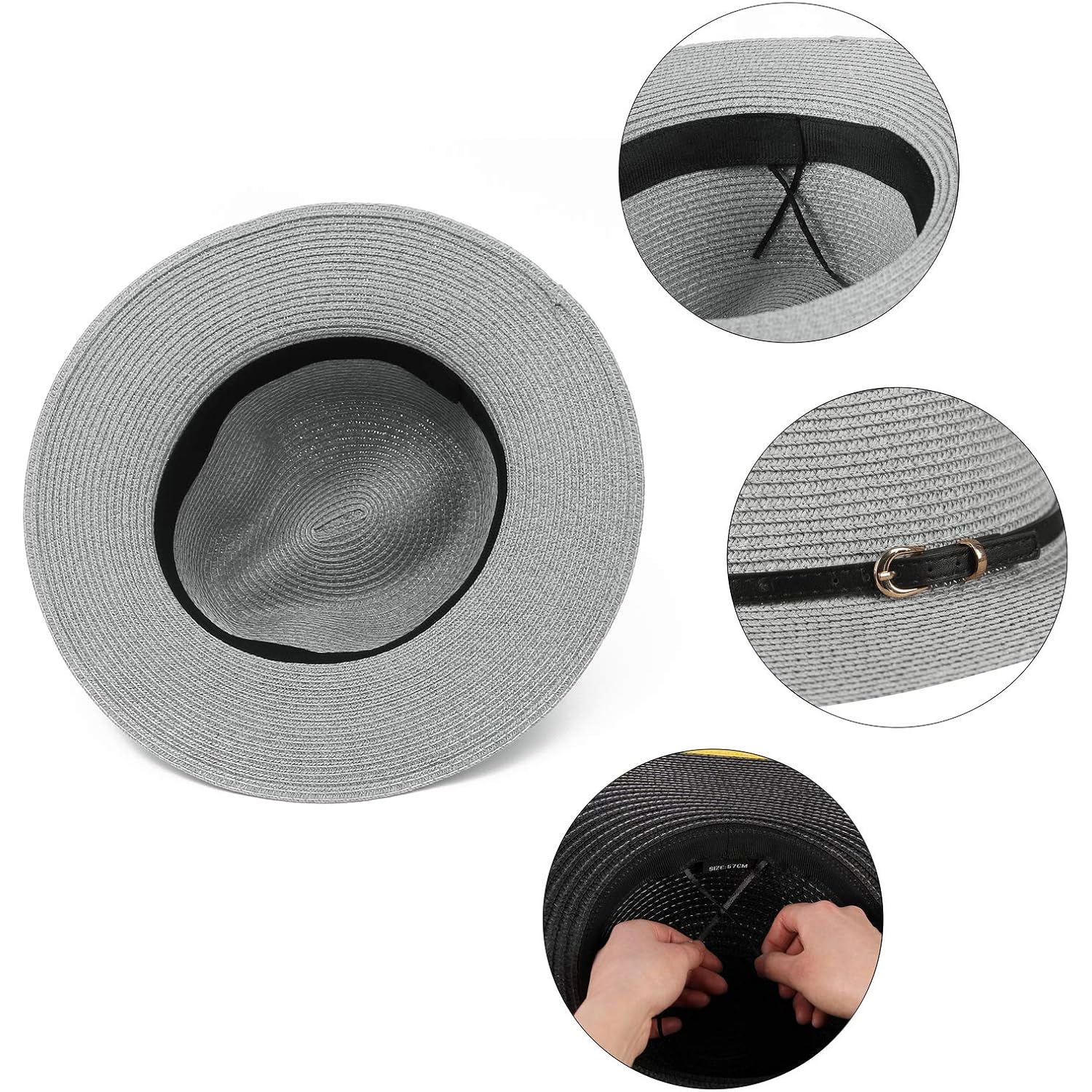 Straw Sun Hats for Women Men Panama Fedora Summer Hat with Leather Belt Wide Brim Beach Sun Jazz Cap 1#gray