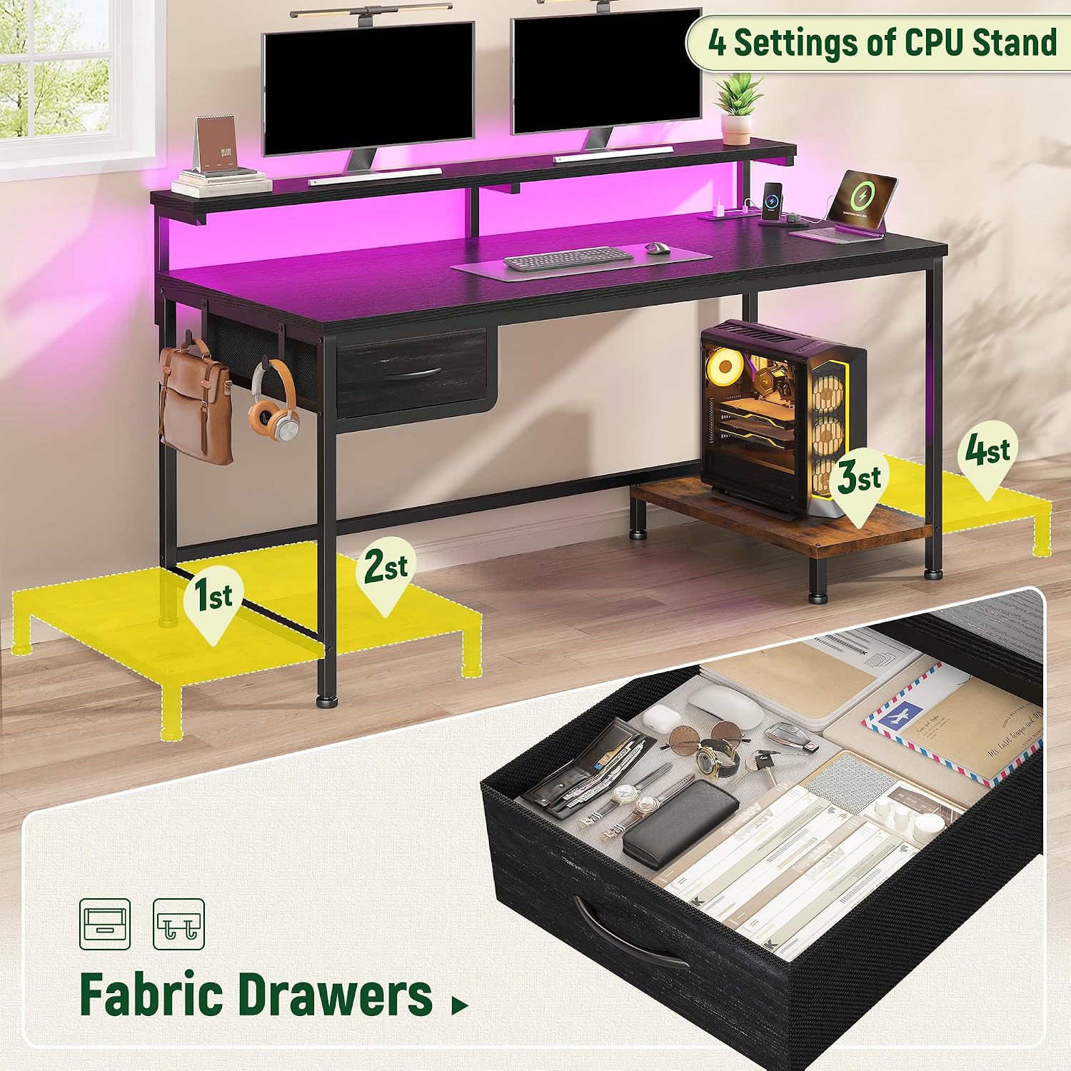 39.3" Gaming Desk With Power Outlet And Led Lights,Bedroom,Black | Computer Desk With Adjutable Monitor Stand,Fabric Drawer,Office Desk With Cpu Stand, Home Work,Study And Gaming,Small Spaces