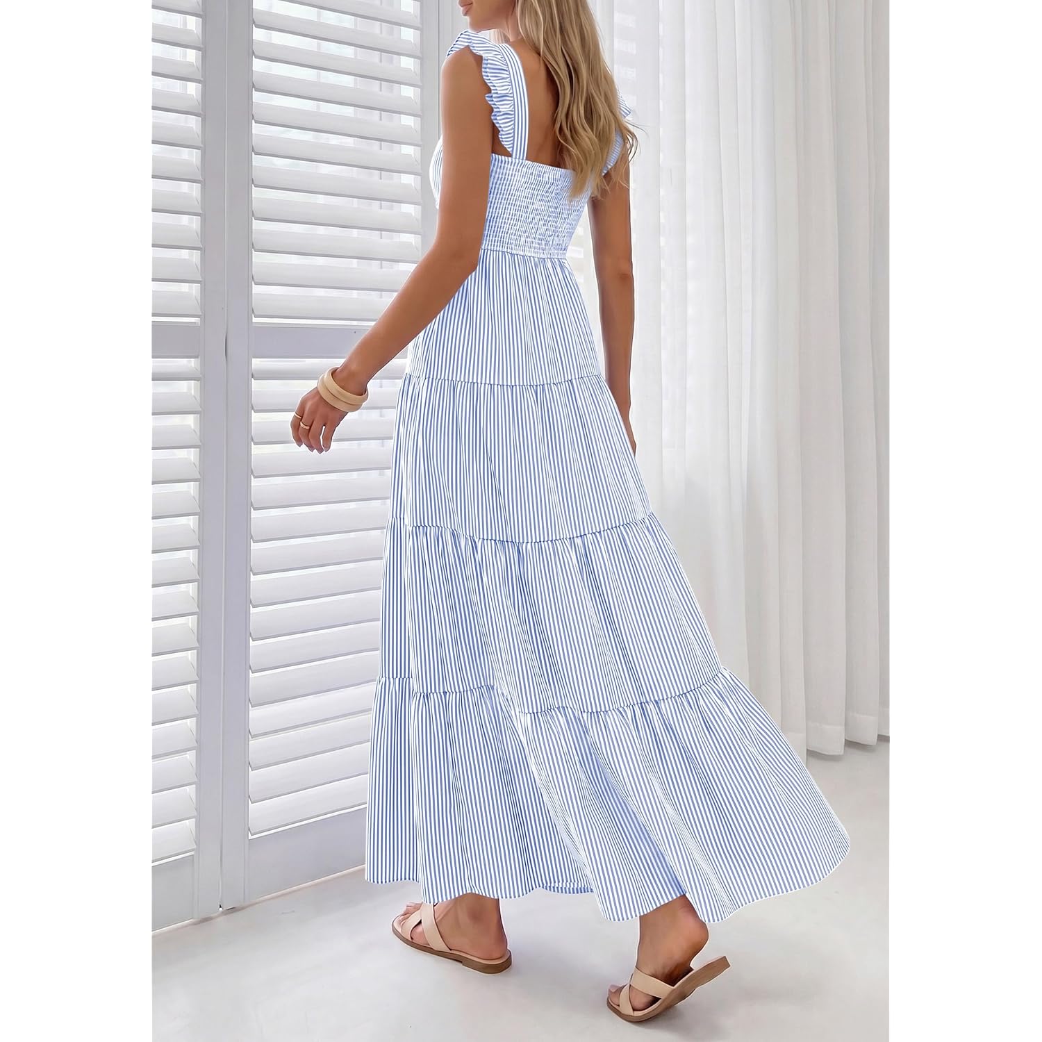 Prettygarden Womens 2026 Summer Casual Maxi Dresses Striped Square Neck Sleeveless Boho Flowy Sundress Beach Vacation Clothes