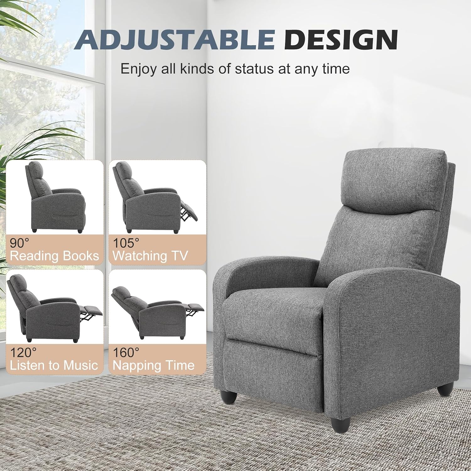 Sweetcrispy Massage Recliner Chair For Adults, Adjustable Home Theater Seating With Lumbar Support For Living Room, Modern Fabric Reclining For Small Space, Grey