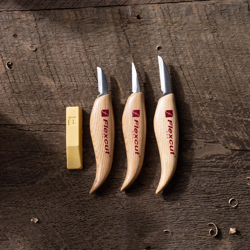 Flexcut Wood Carving Knives | Starter Set Of 3 Woodcarving Knives | 1095 High Carbon Steel Blades | Ergonomic Ash Wood Handles For Beginners And Hobbyists | Kn500 | Made In The U.S.A
