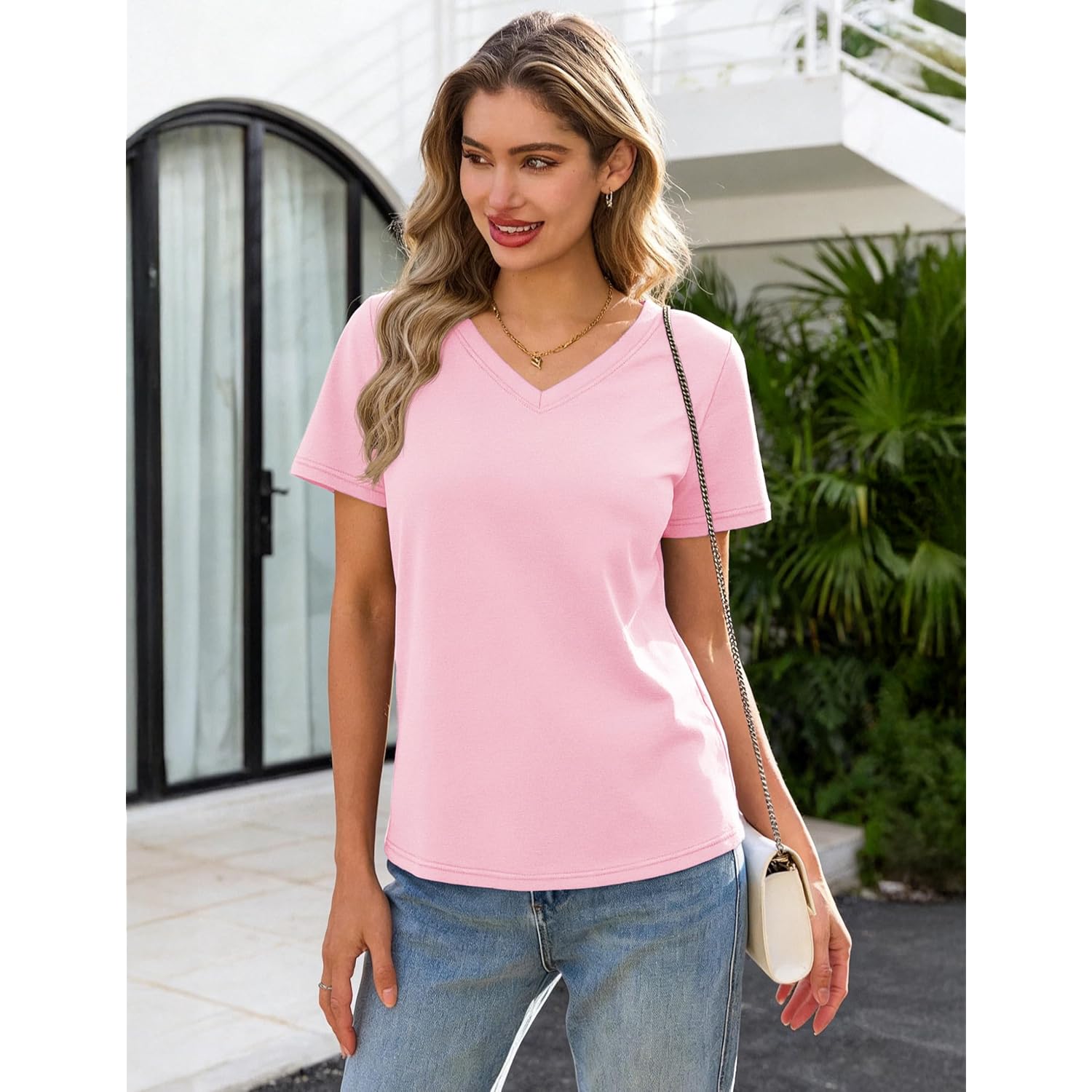 YUCOLEN T Shirts for Women Soft Short Sleeve V Neck Basic Tees Cotton Blend Breathable UPF 50+ Tops for Summer Spring
