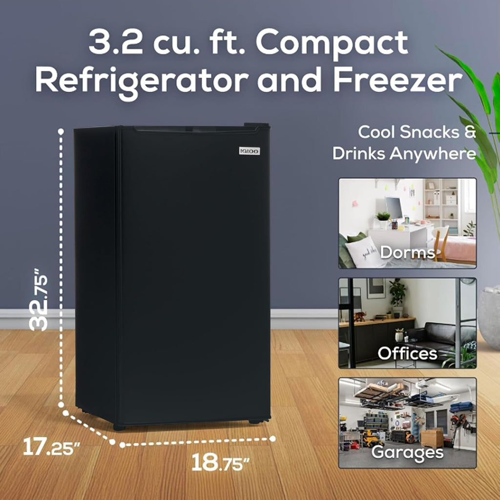 Igloo 3.2 Cu.Ft. Mini Fridge With Freezer - Single Door Compact Refrigerator With Glass Shelves For Homes, Dorms & Offices- Keep Snacks, Drinks & Frozen Foods Cool With Temperature Control Mini Fridge
