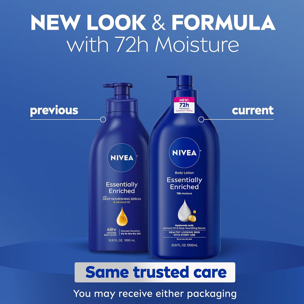 Nivea Essentially Enriched Body Lotion For Very Dry Skin With Hyaluronic Acid, Almond Oil And Deep Nourishing Serum, 72-Hour Body Moisturizer, 33.8 Fl Oz Value Size Pump Bottle