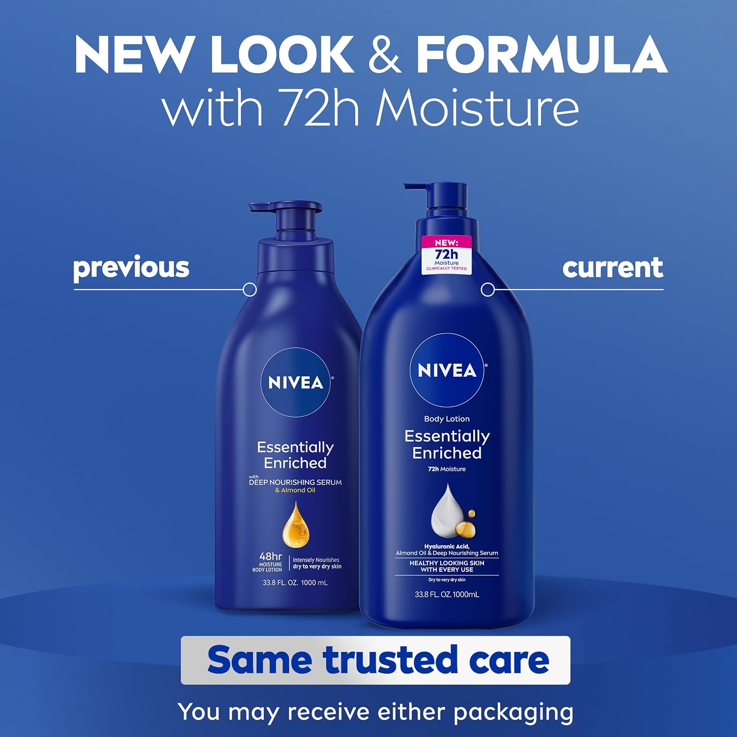 Nivea Essentially Enriched Body Lotion For Very Dry Skin With Hyaluronic Acid, Almond Oil And Deep Nourishing Serum, 72-Hour Body Moisturizer, 33.8 Fl Oz Value Size Pump Bottle