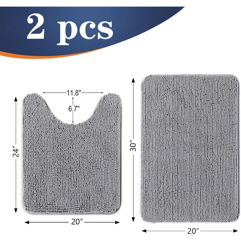 Olanly Bathroom Rugs Sets 2 Piece, Soft Absorbent Chenille Bath Mats And U-Shaped Contour Toilet Mat Area Rug Set, Machine Washable Bath Carpet, Home Decor Accessories (30"X20"+24"X20", Grey)