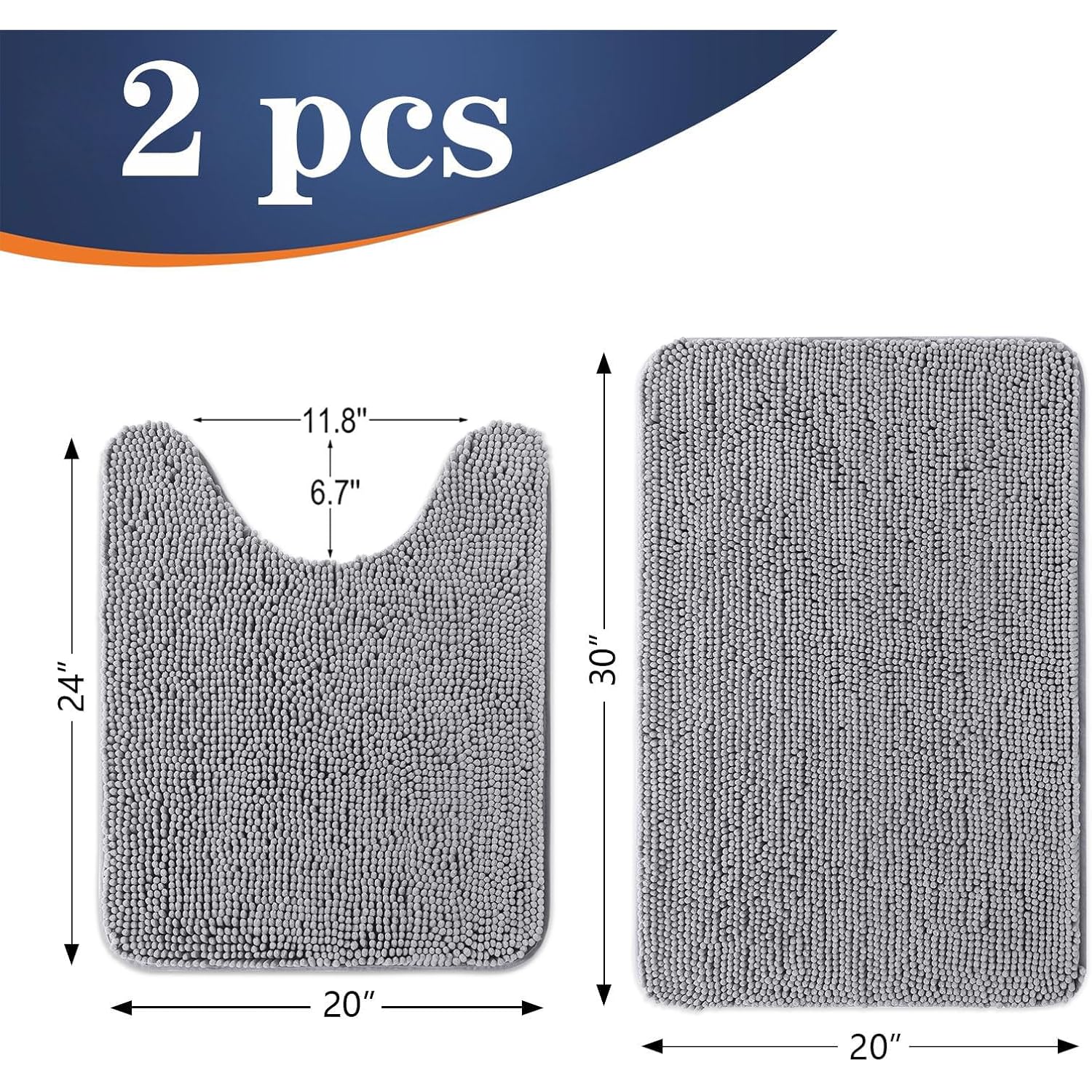 Olanly Bathroom Rugs Sets 2 Piece, Soft Absorbent Chenille Bath Mats And U-Shaped Contour Toilet Mat Area Rug Set, Machine Washable Bath Carpet, Home Decor Accessories (30"X20"+24"X20", Grey)