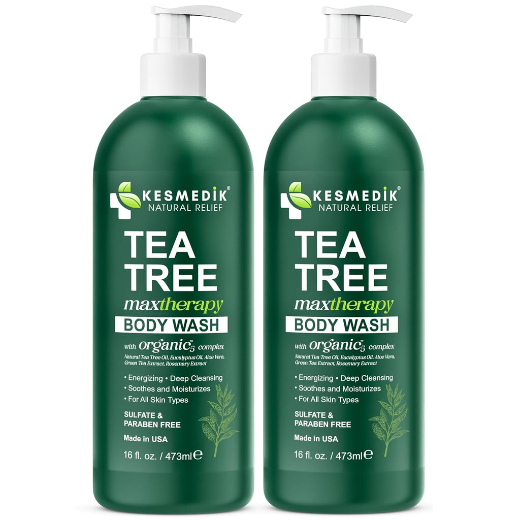 Kesmedik Tea Tree Body Wash Maxtherapy With Eucalyptus, Aloe & 100% Tea Tree Oil For Skin, Cleans, Soothes And Refreshes Sensitive, Itchy Skin, Body & Foot Soap For Men & Women, 2-Pack