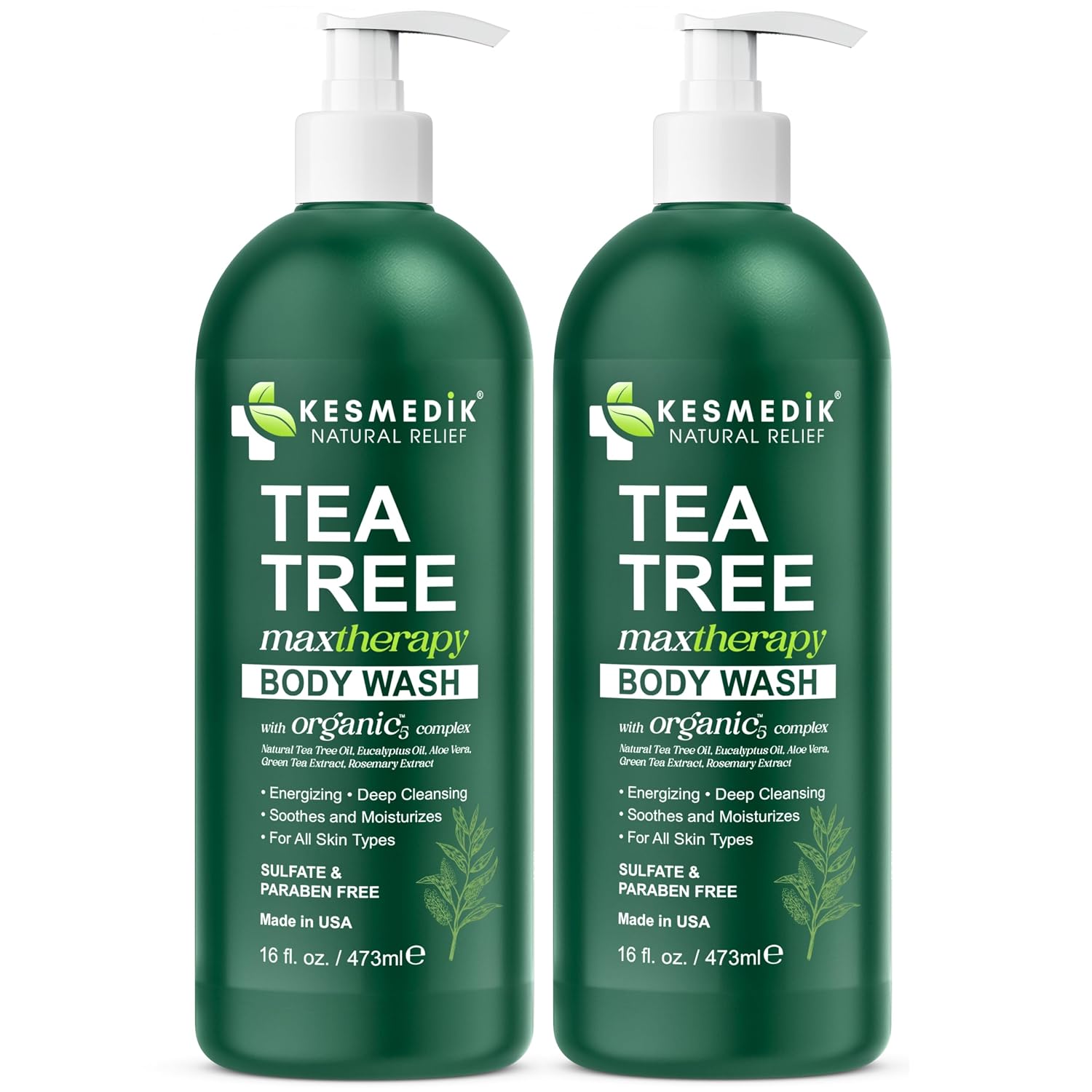 Kesmedik Tea Tree Body Wash Maxtherapy With Eucalyptus, Aloe & 100% Tea Tree Oil For Skin, Cleans, Soothes And Refreshes Sensitive, Itchy Skin, Body & Foot Soap For Men & Women, 2-Pack
