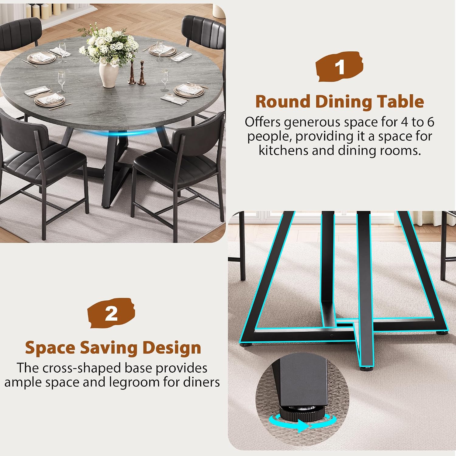 Jocoevol 51" Round Dining Table Kitchen Dining Room Circle Dinner Pedestal Table For 4 6 8, Space Saving Wood Kitchen & Dining Room Furniture (Grey)