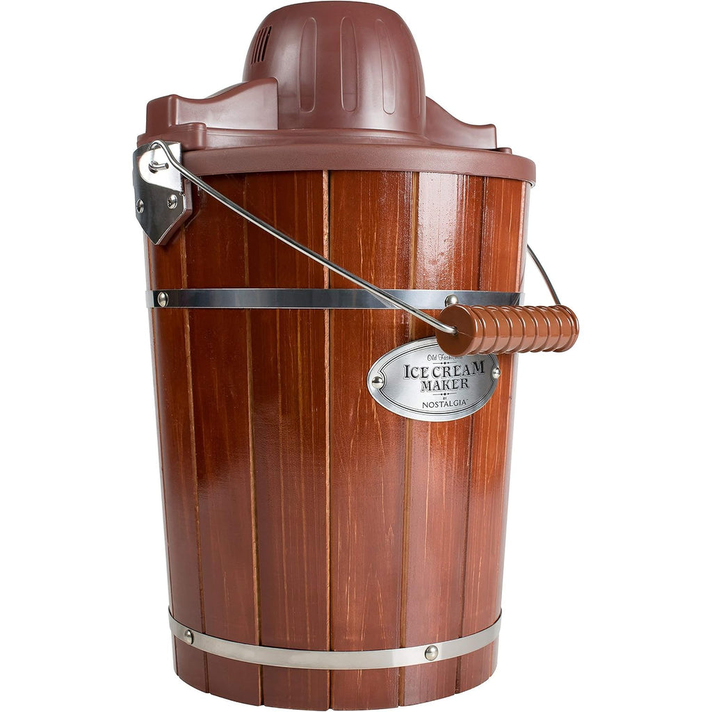 Nostalgia Electric Ice Cream Maker With 6 Qt Capacity - Old Fashioned Ice Cream Machine Makes Frozen Yogurt Or Gelato In Minutes- Vintage Wooden Style Ice Cream Maker With Aluminum Canister- Dark Wood