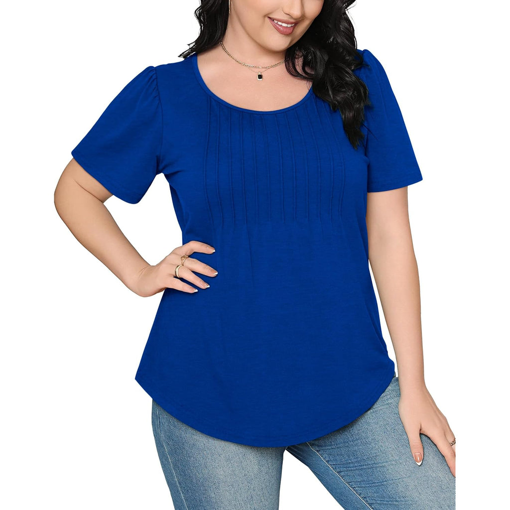 Ofeefan Womens T Shirts Short Sleeve Pleated Dressy Casual Scooped Neck Summer Tops Blouses