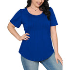 Ofeefan Womens T Shirts Short Sleeve Pleated Dressy Casual Scooped Neck Summer Tops Blouses