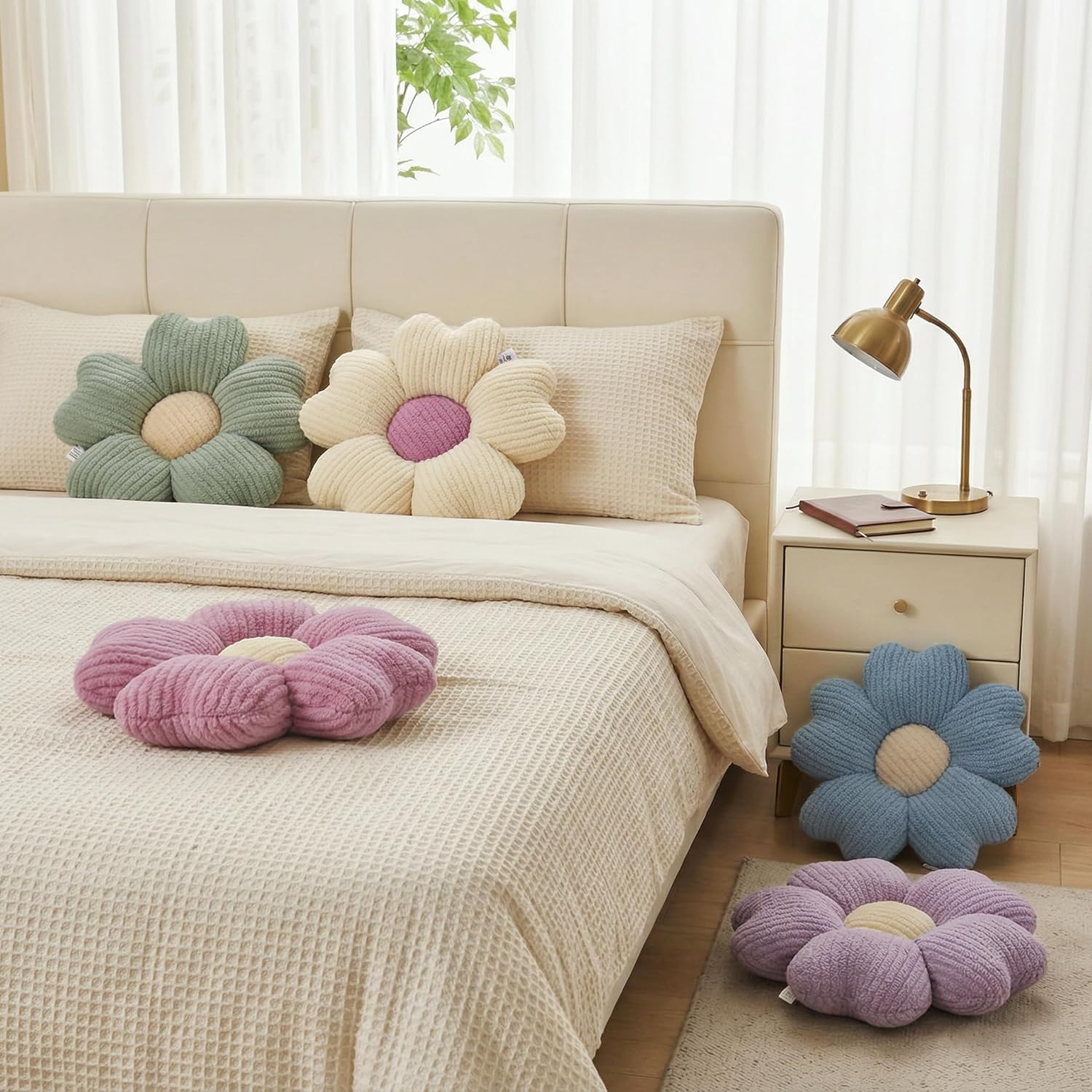 2 Pcs Sage Green Decorative Throw Pillows, 15'' Cute Daisy Flower Shaped Pillow Floor Seating Cushion for Bed Couch Bedroom Room Dorm Decor (Sage Green & Ivory)