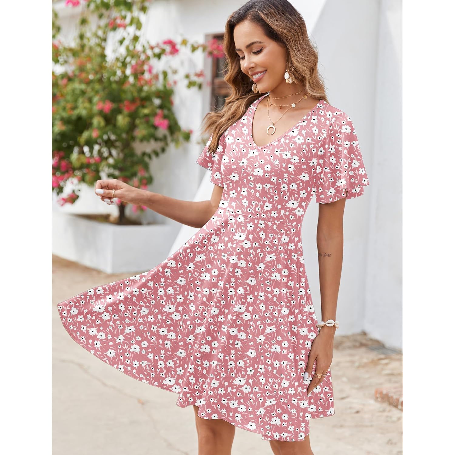 Zeagoo Womens Summer Dress Casual Swing Sundresses Floral Ruffle Short Sleeve Wedding Guest Dress Beach Mini Dress 2026