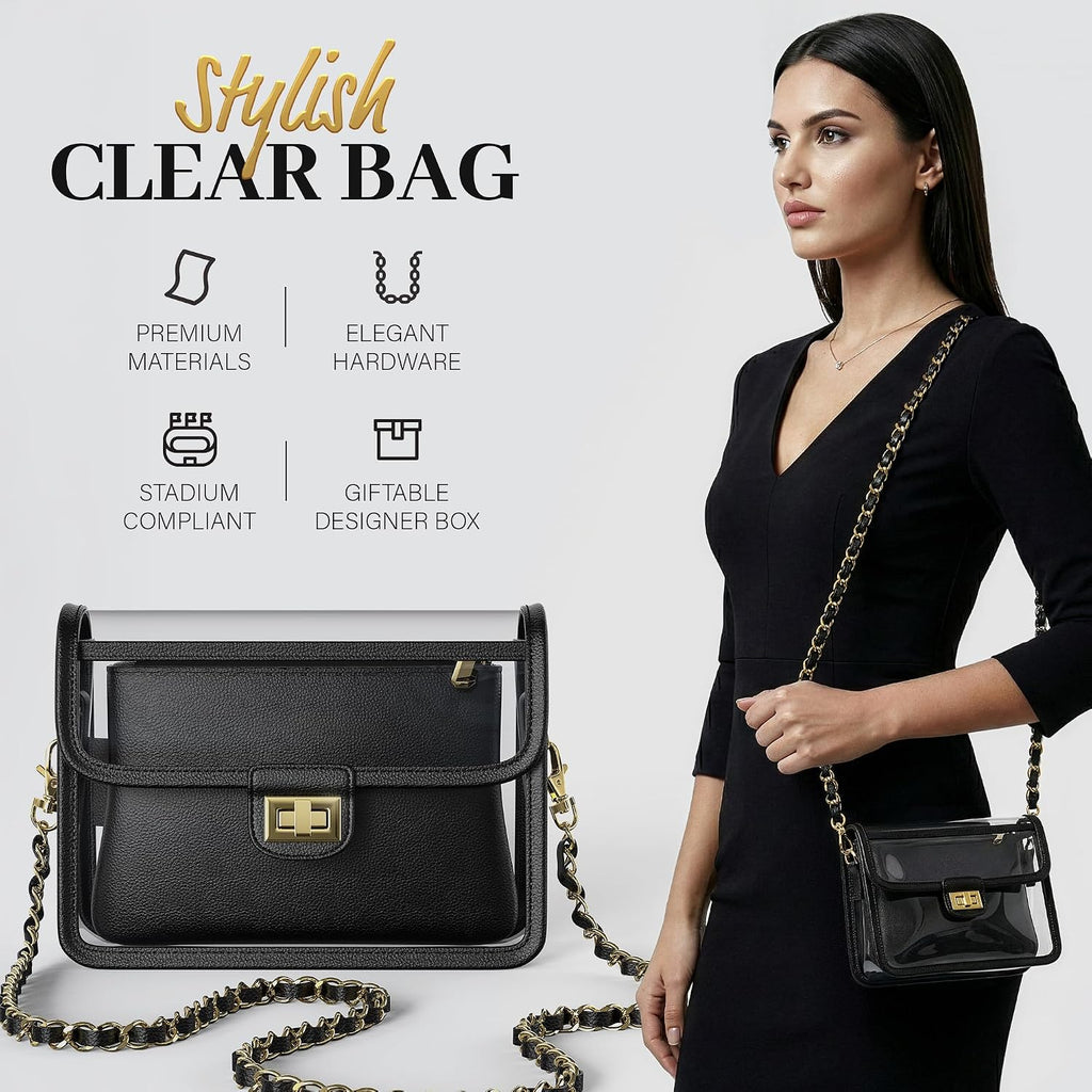 Clear Crossbody Purse For Women Stadium Approved 7.25" X 5.25" - Uv Tpu Luxury Bag With Wallet & 43" Chain