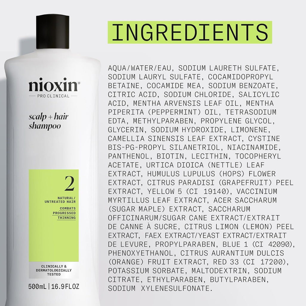 Nioxin System 2 Scalp + Hair Thickening Shampoo for Natural Hair with Progressed Thinning | Cleanse & Boost Hair Density with Niacinamide & Biotin