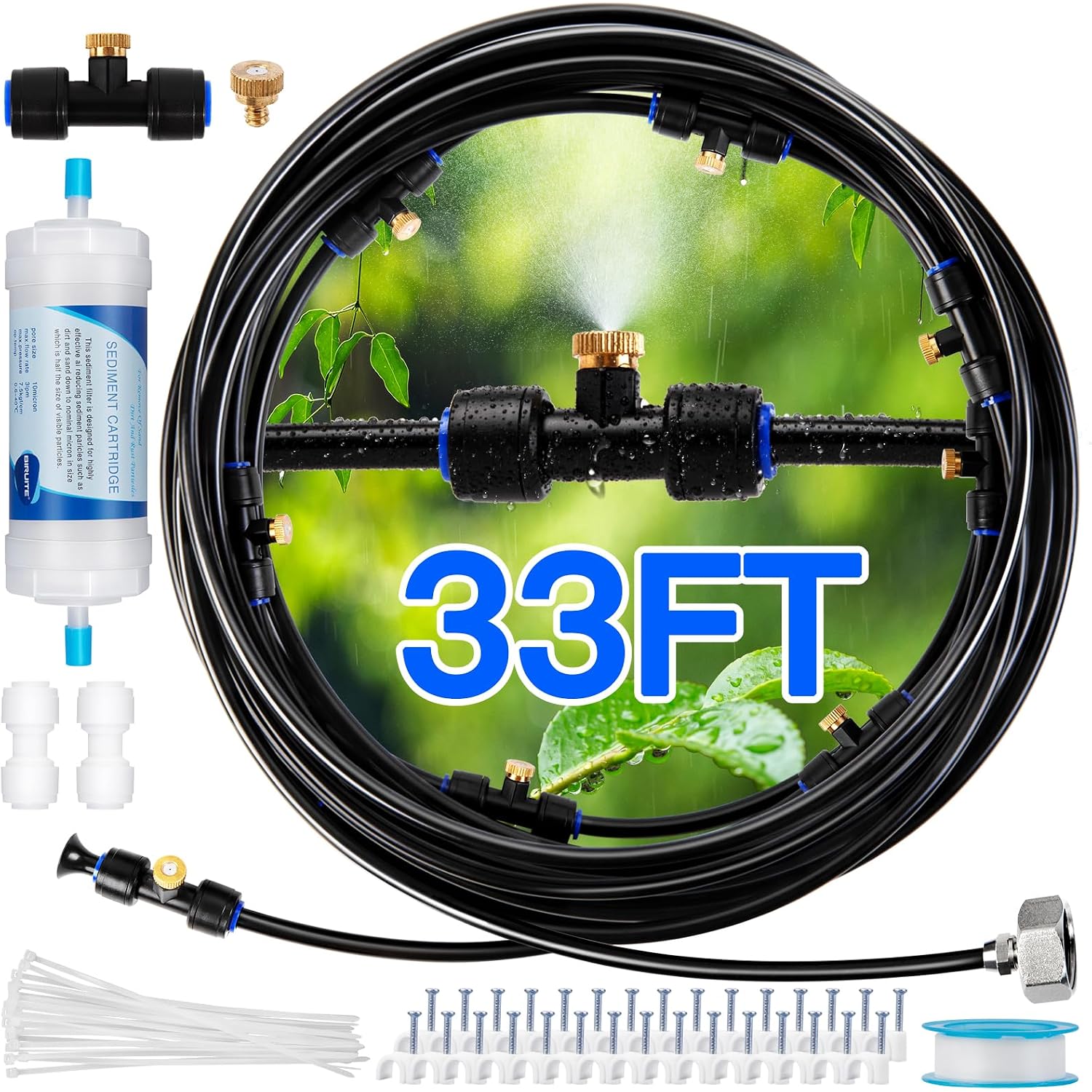 Misters For Outside Patio With Water Filter - 33Ft(10M) Misting System Line 9 Brass Mist Nozzles Brass Adapter(3/4") Patio Misters For Cooling Outdoor Greenhouse Backyard Porch Garden Bbq Party Pool