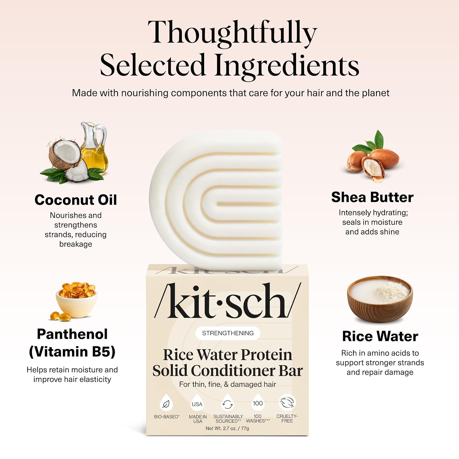 Kitsch Rice Water Conditioner Bar for Hair Growth – Rice Protein Hair Conditioner to Repair Damage, Prevent Split Ends & Boosts Shine – Paraben, Silicone & Sulfate-Free Hair Care - Made in USA, 2.7 oz