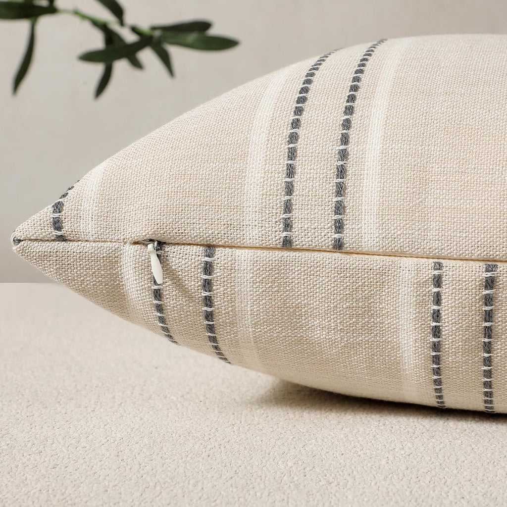 Hckot Throw Pillow Covers 20X20 Set Of 2 Striped Pillow Covers Textured Linen Decorative Pillows Square Cushion Covers For Sofa Couch Bed Living Room Farmhouse Decor, Grey