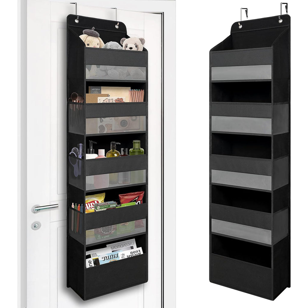 Tymensh Black Over Door Organizer With 5 Large Clear Pockets And 6 Side Mesh Pockets, Anti-Tilt Hanging Door Storage For Closet, Bathroom, Nursery, Bedroom, Dorm, Toys, Cosmetics