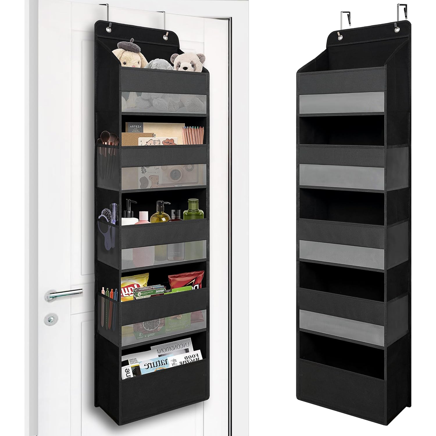 Tymensh Black Over Door Organizer With 5 Large Clear Pockets And 6 Side Mesh Pockets, Anti-Tilt Hanging Door Storage For Closet, Bathroom, Nursery, Bedroom, Dorm, Toys, Cosmetics