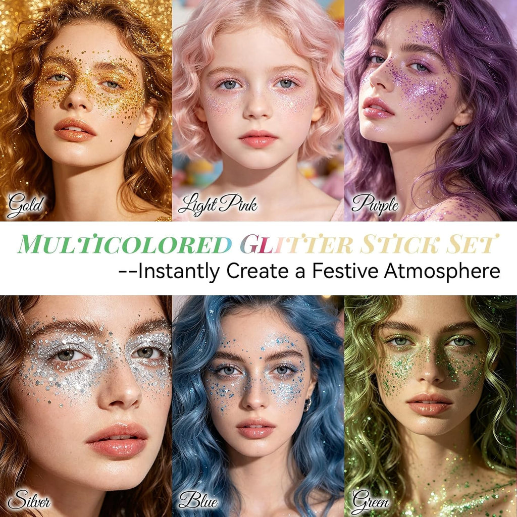 6 Colors Body Glitter Stick Set, 4Th Of July Accessories Hair Glitter, Sparkling Face Glitters Makeup For Women Kids, Shimmer Face Paint Singer Concert Festival Party Rave Accessories