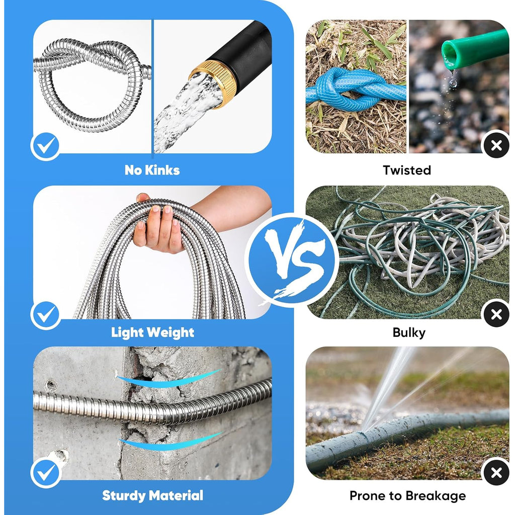 Garden Hose 50 Ft, Metal Stainless Steel Water Hose With 10 Function Nozzles, No Kinks, Flexible Hose, Lightweight, Puncture Proof, Heavy Duty Hose For Yard And Outdoor