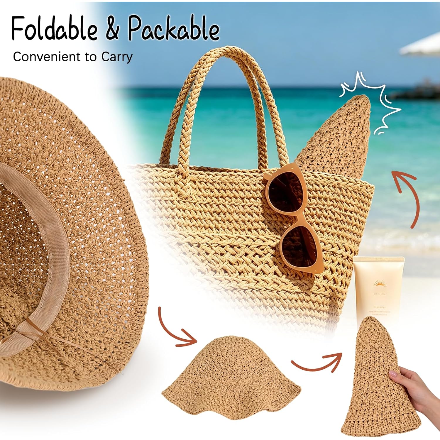 Sun Hat For Women Summer Straw Beach Hats Floppy Crochet Hat Uv Protection Travel Bucket Hat Foldable Packable