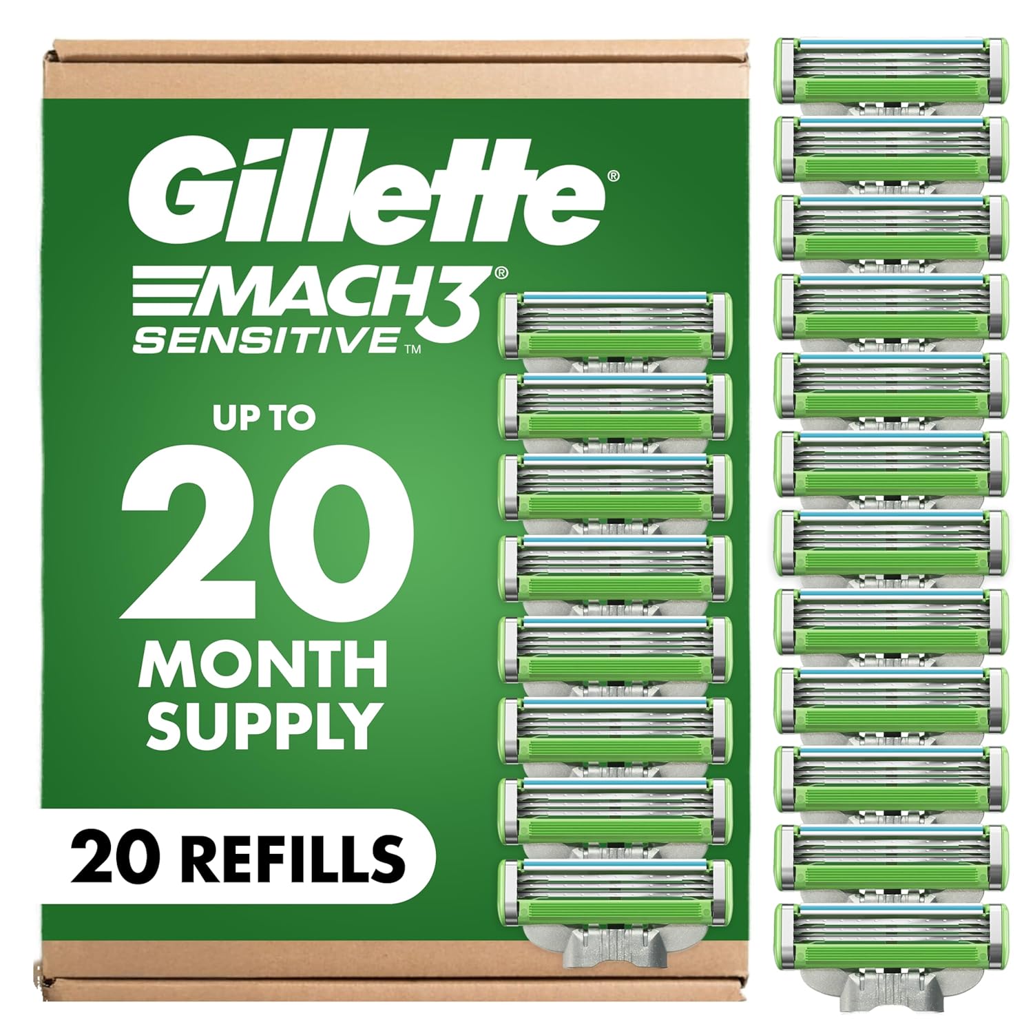 Gillette Mach3 Sensitive Mens Shaving Razor Blade Refills, 20 Count