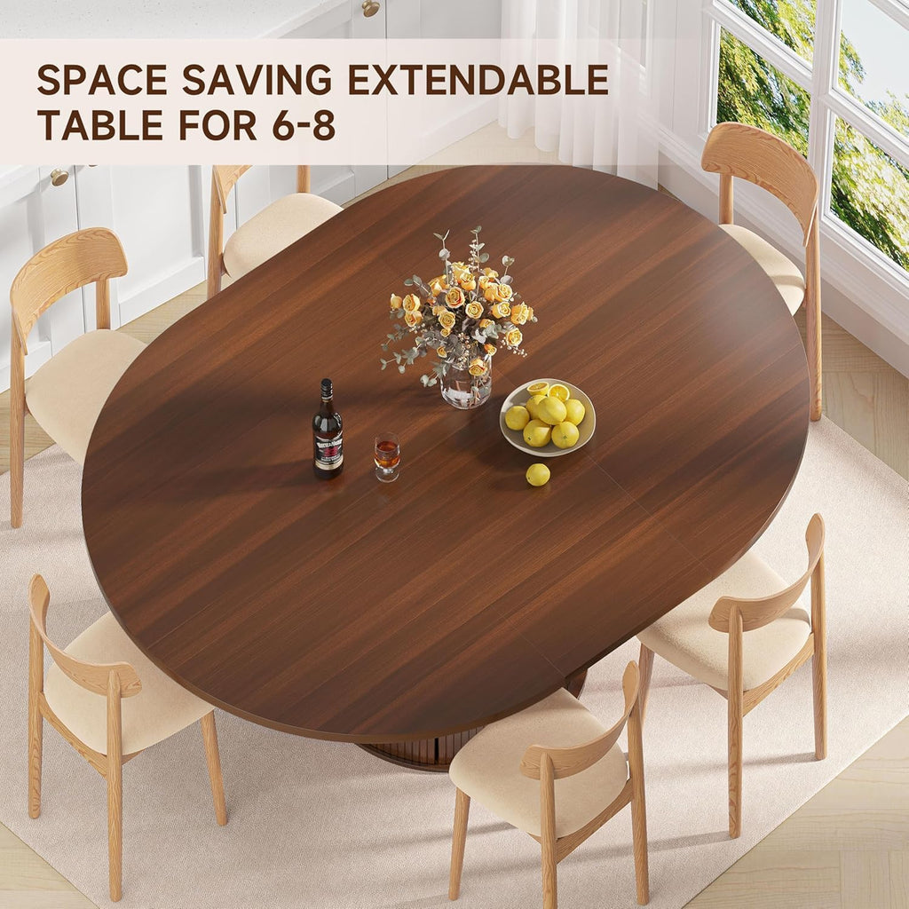 Dhh 47"-63" Extendable Round Dining Table For 4–8 With Storage, Mid Century Modern Farmhouse Wood Oval Dinner Table With Pedestal Base For Kitchen, Living Room (Walnut)