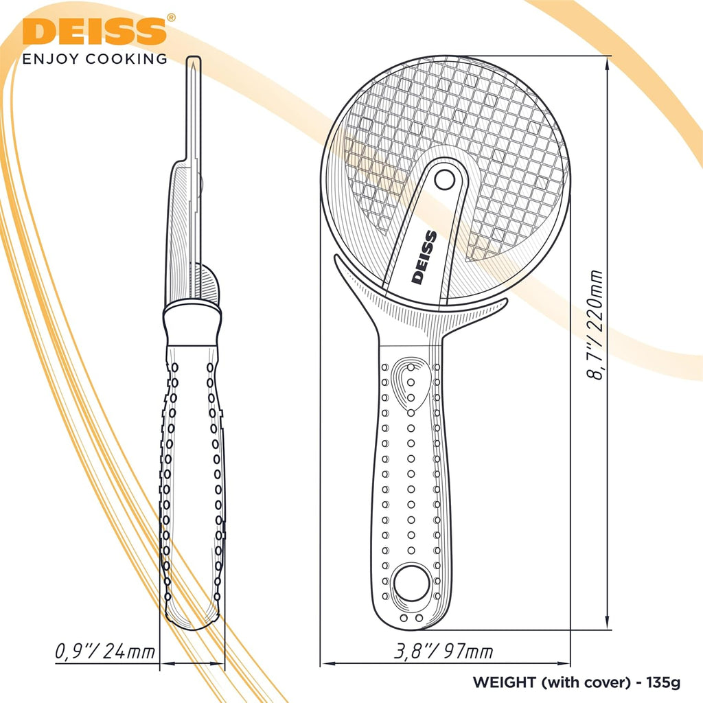 Deiss Lux Heavy Duty Pizza Cutter With Wheel Slicer- Stainless Steel Sharp Smooth Pizza Cutter Wheel With Easy Grip Non-Slip Handle, Dishwasher Safe (Black)