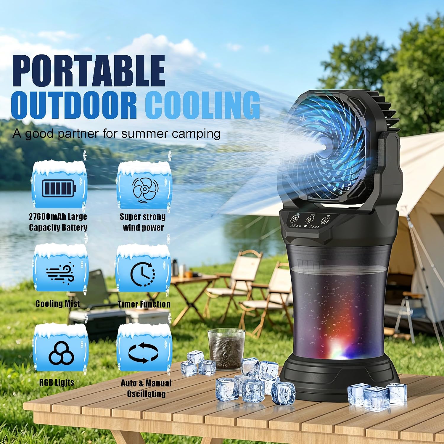 Misting Fan Portable, 27600Mah Battery Powered Fan, 2L Portable Mister Fan With 4 Wind Speeds, Timer Function, Rgb Ambient Light, 120° Auto Oscillation & Grip Handle For Camping Beach Patio( Black)