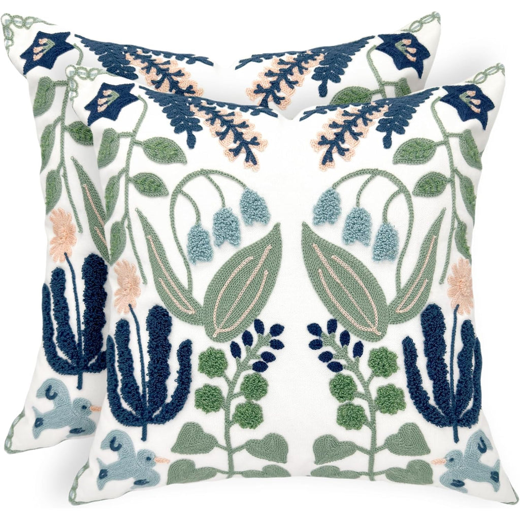 Alysheer Summer Floral Embroidered Decorative Throw Pillow Covers 18"X 18" Set Of 2, Farmhouse Navy Blue Flowers Green Leaves Tufted Patterned Cotton Cushion Cases For Couch Bed Living Room Decor