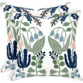 Alysheer Summer Floral Embroidered Decorative Throw Pillow Covers 18"X 18" Set Of 2, Farmhouse Navy Blue Flowers Green Leaves Tufted Patterned Cotton Cushion Cases For Couch Bed Living Room Decor