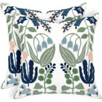 Alysheer Summer Floral Embroidered Decorative Throw Pillow Covers 18"X 18" Set Of 2, Farmhouse Navy Blue Flowers Green Leaves Tufted Patterned Cotton Cushion Cases For Couch Bed Living Room Decor