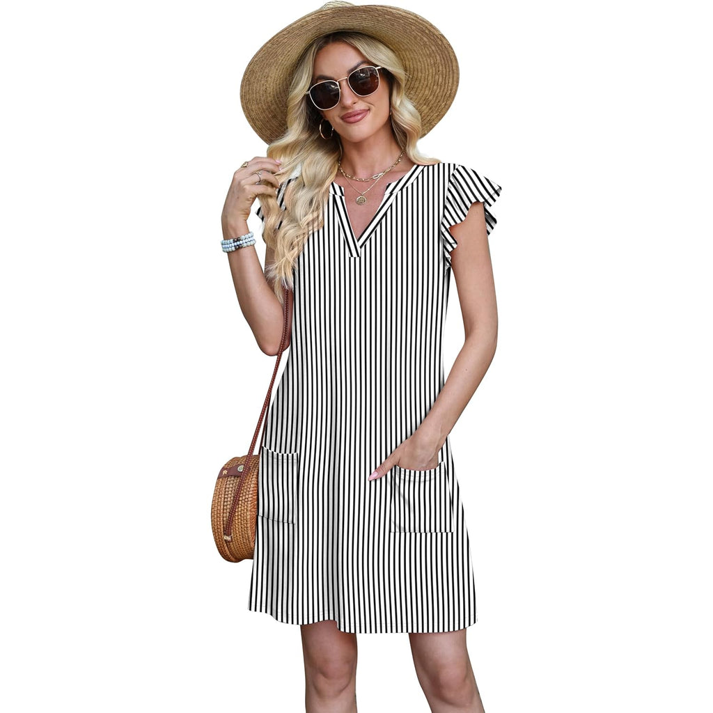 Ofeefan Spring Summer Dresses For Women 2026 Casual Ruffle Sleeve V Neck Loose Swing Sundresses With Pockets Plain/Print
