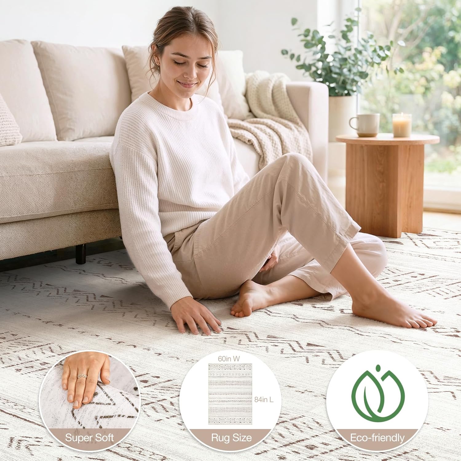 cotiled 5x7 Area Rug Living Room: Washable Boho Rugs with Non Slip Backing Large Soft Indoor Stain Resistant Carpet for Bedroom Farmhouse Dining Room Lightweight Home Decor L Brown/Cream