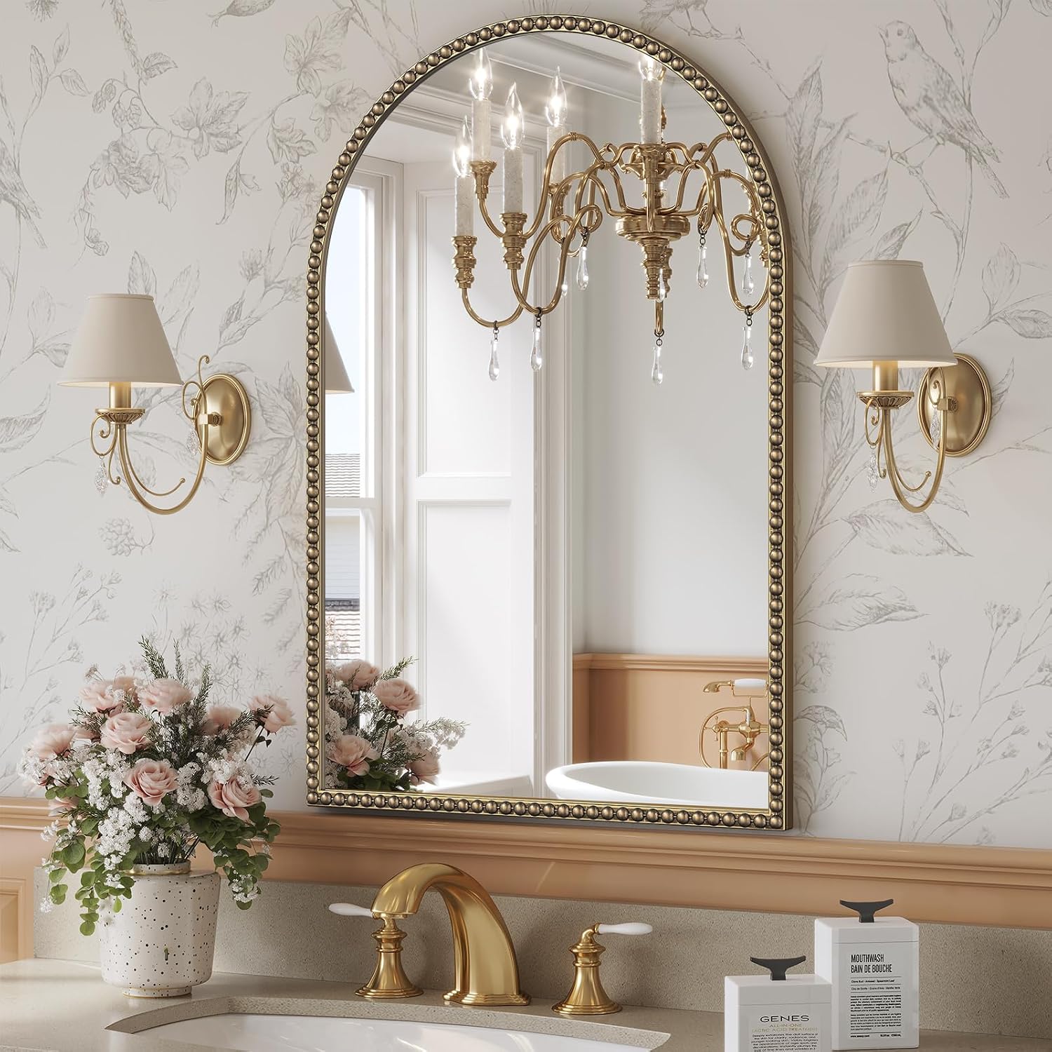 Beaded Mirror Gold Arched, 24"X36" Champagne Bronze Mirror For Bathroom, Antique Brass Beaded Mirrors With Metal Frame- Arch Vanity Wall Mirrors For Bedroom,Fireplace,Over Sink,Entryway