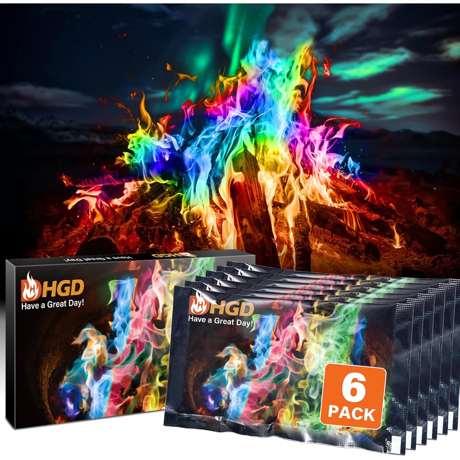 Hgd (6 Pack) Magic Campfire Fire Color Changing Packets For Fire Pit, Indoor/Outdoor Fireplace, Bonfire - Rainbow Magical Flame, Camping Accessory, Compatible With Wood