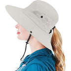 Womens Summer Sun-Hat Outdoor UV Protection Fishing Hat Wide Brim Foldable-Beach-Bucket-Hat with Ponytail-Hole
