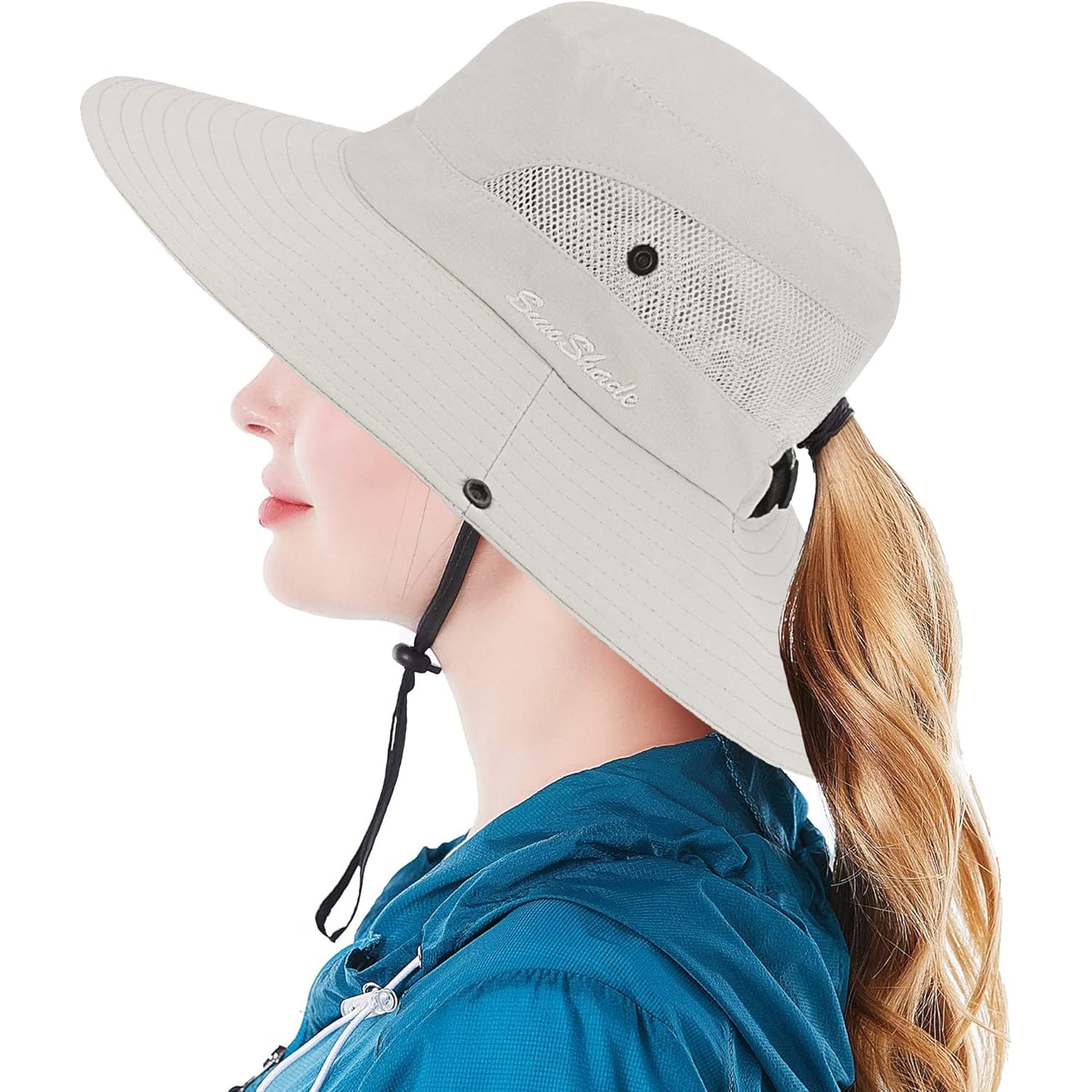 Womens Summer Sun-Hat Outdoor UV Protection Fishing Hat Wide Brim Foldable-Beach-Bucket-Hat with Ponytail-Hole