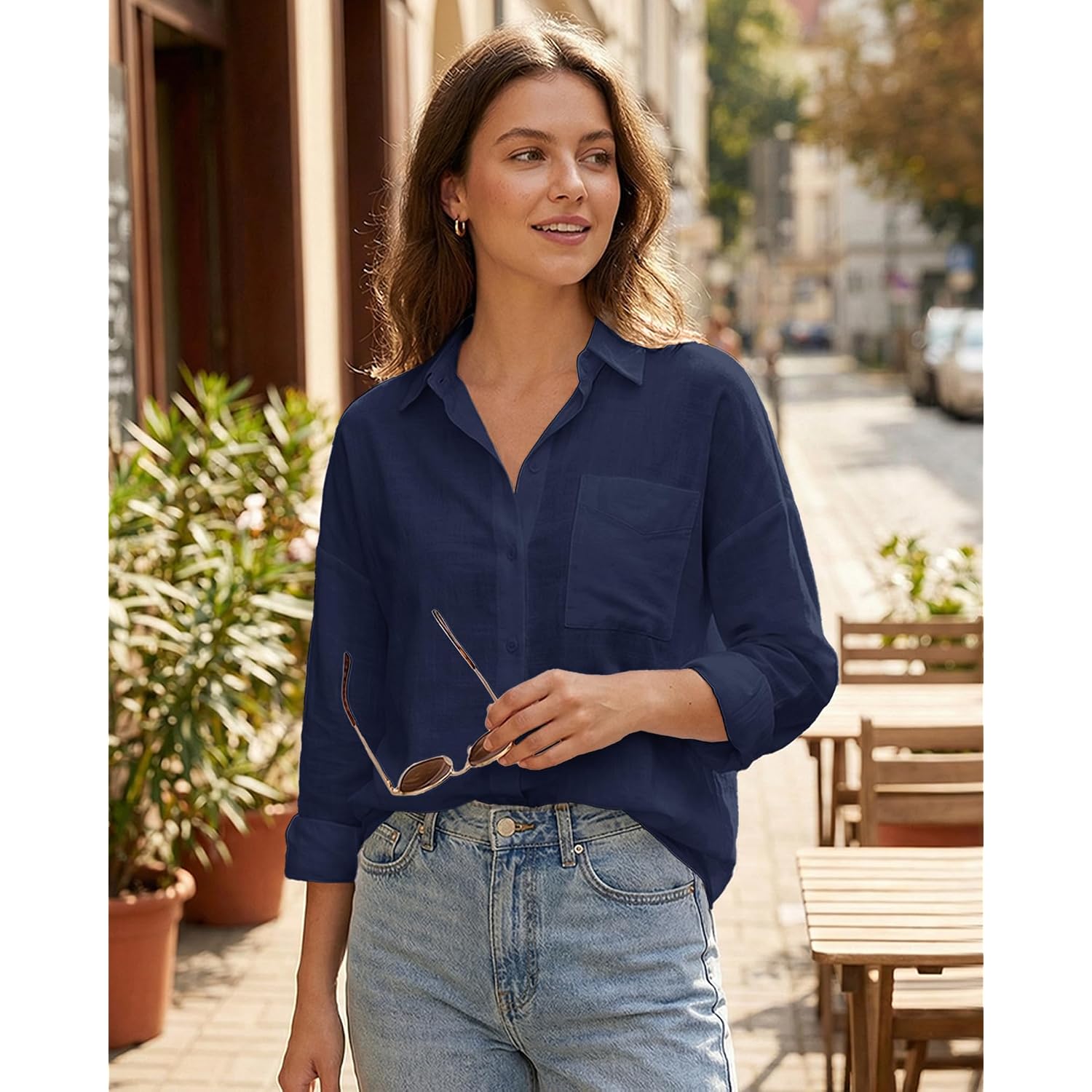 Jekaoyi Womens Button Down Shirts Long Sleeve Linen Casual Collared Blouses Loose Fit