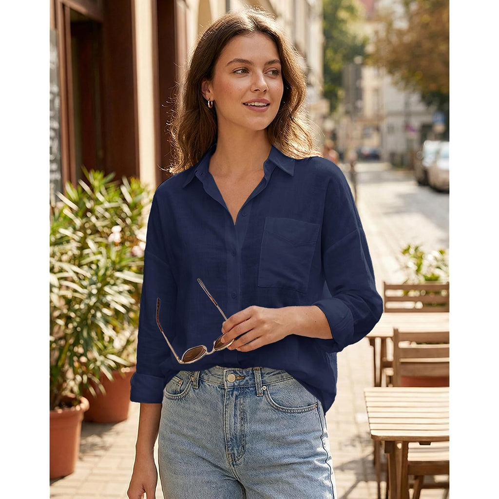 Jekaoyi Womens Button Down Shirts Long Sleeve Linen Casual Collared Blouses Loose Fit