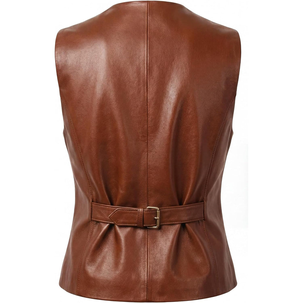 Women'S Leather Vest - Gold Button V-Neck Style Sleeveless Real Leather Waistcoat Women