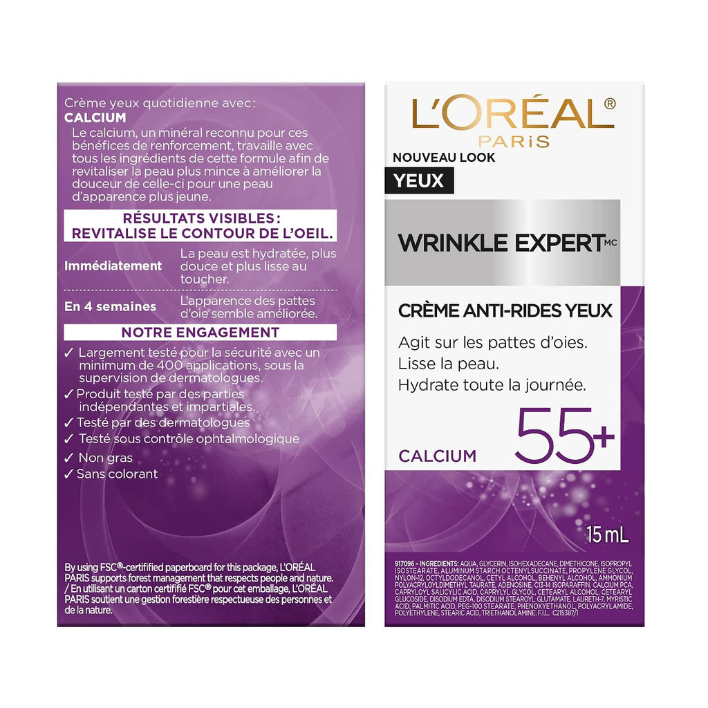 L'Oreal Paris Wrinkle Expert 55+ Anti-Wrinkle Eye Cream With Calcium, Reduce Crow'S Feet, 0.5 Oz